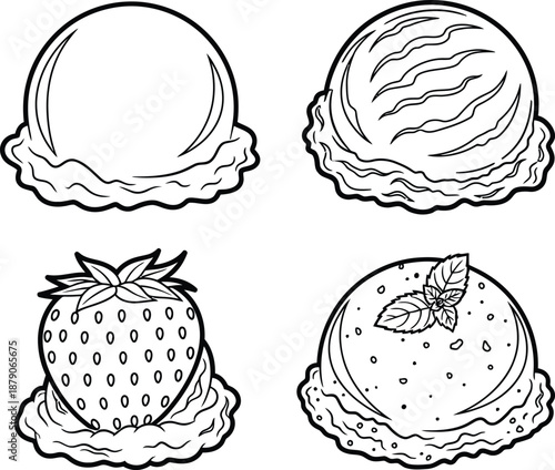 Outline illustration set of 4 ice cream scoop flavors vanilla chocolate strawberry and mint scoop