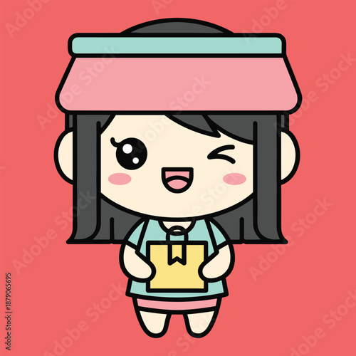 Cute cartoon girl with a book and a pink hat on a red background