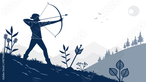 Archer aiming bow and arrow in serene mountain landscape