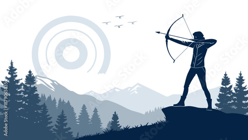 Archery enthusiast aiming at target in serene mountain landscape
