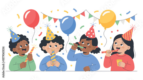 Children Celebrating New Year Eve Together Wearing Party Hats and Blowing Whistles, Flat Vector Illustration for Kids Festive Events, Playful Party Graphics and New Year Greeting Cards