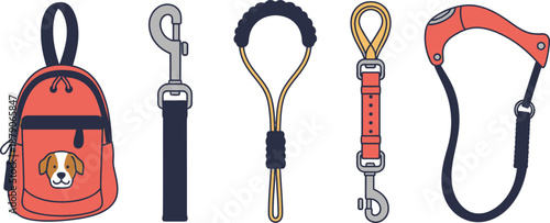 Set of 5 dog walking essentials flat illustration collar leash harness poop bag dispenser and treat pouch