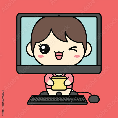 Cartoon character with brown hair winking at a computer screen with a keyboard and mouse