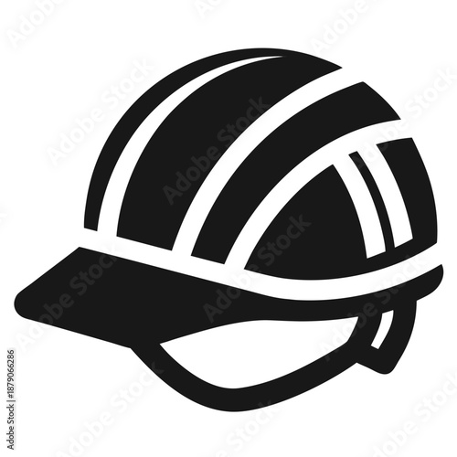 Title: A black and white of a hard hat with a diagonal line through it indicating prohibition or