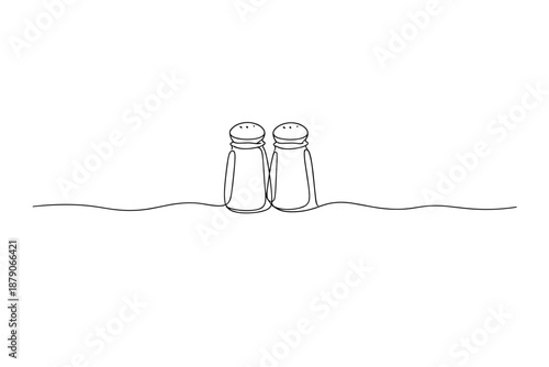 Minimal line drawing of two salt and pepper shakers on a tabletop, simple monochrome kitchen seasoning containers with clean, modern design