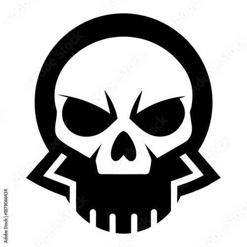 Title: Black and white of a skull with a bandana and crossed bones behind it representing danger