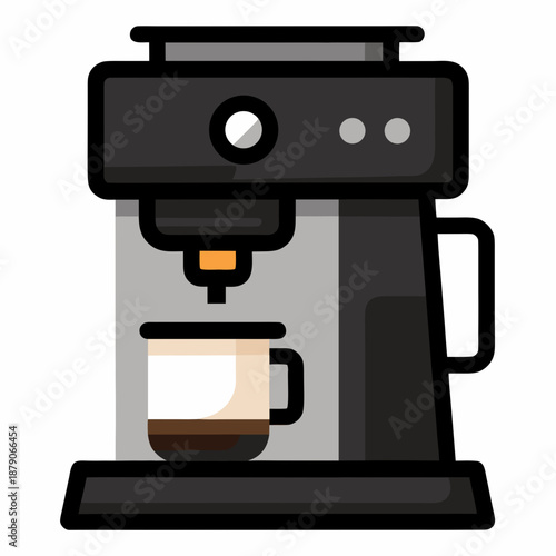 Title: A of a coffee machine with a cup of coffee being dispensed white