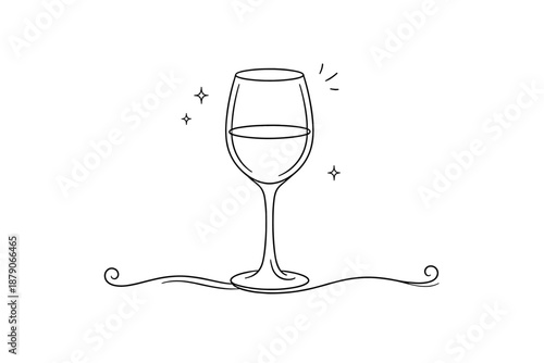 Minimalist line drawing of a wine glass with sparkling accents and decorative swirl base, simple elegant beverage illustration on white background