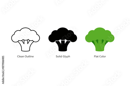 Three broccoli icon styles displayed side by side, showing clean outline, solid glyph, and flat color vector variations on a white background