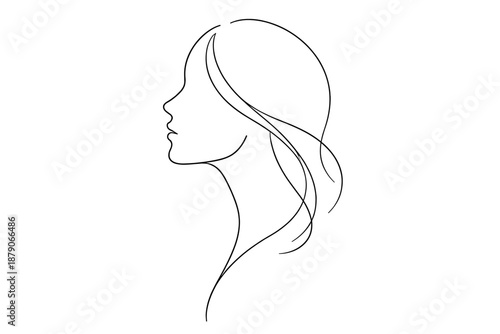 Minimalist line art portrait of a woman's side profile with flowing hair, elegant contours, and clean black outline on white background