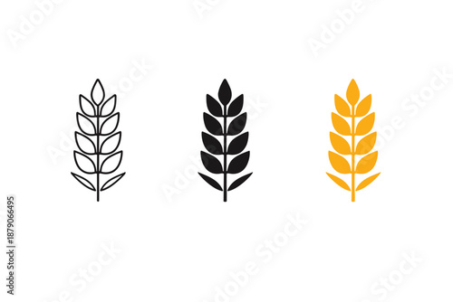 Minimal wheat ear icon set showing outlined, solid black, and golden grain stalk symbols in a clean flat vector style on white background