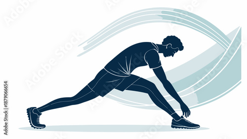 Athlete stretching dynamically with flowing motion background