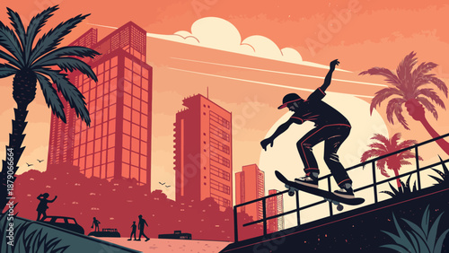 Skateboarder performs tricks in vibrant cityscape at sunset