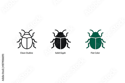 Minimal bug icon set with shaded beetle outlines, three variants displayed on dark background with glowing teal highlight on the right