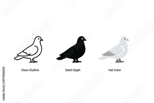Three pigeon icon styles displayed side by side, showing clean outline, solid glyph silhouette, and highlighted two-tone variant on dark background