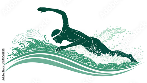 Swimmer in dynamic motion through ocean waves in green silhouette