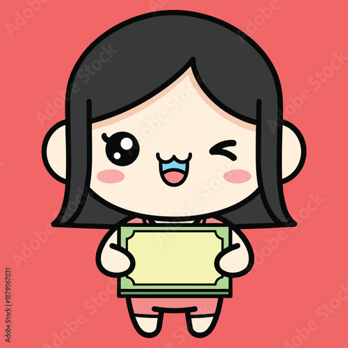 Cartoon character with black hair and a green book holding a winking expression on a red background