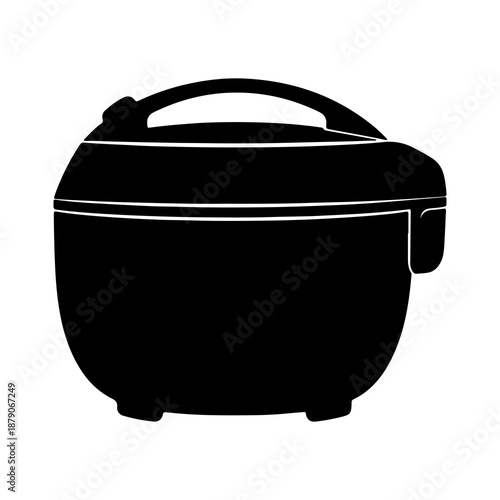 Sleek black silhouette of an electric rice cooker, a common household kitchen appliance used for preparing perfectly cooked grains and various meals with ease, embodying modern kitchen efficiency