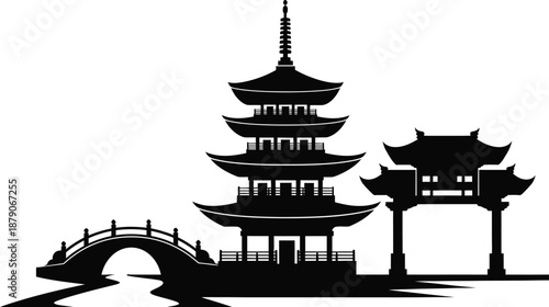 Asian Temple Landscape Silhouette with Bridge and Gate