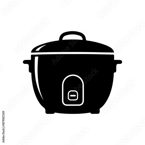 Sleek black silhouette of an electric rice cooker, a common household kitchen appliance used for preparing perfectly cooked grains and various meals with ease, embodying modern kitchen efficiency