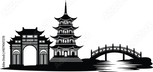 Traditional Oriental Pagoda Temple Silhouette Artwork