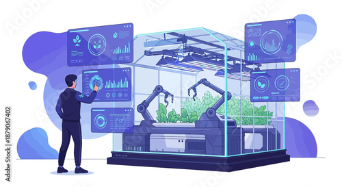 Illustration depicting futuristic automated agriculture with robotic arms and a digital interface