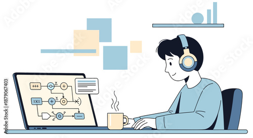 Illustration of a focused young programmer creating algorithms while listening to music