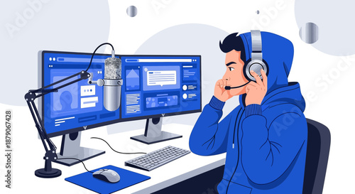 Illustration of a male gamer or streamer with headphones broadcasting live from his setup