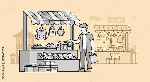Illustration of a man shopping at an outdoor market with various goods and merchandise displayed