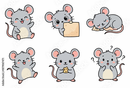 Set of six adorable gray mouse cartoon characters in different poses and emotions illustration
