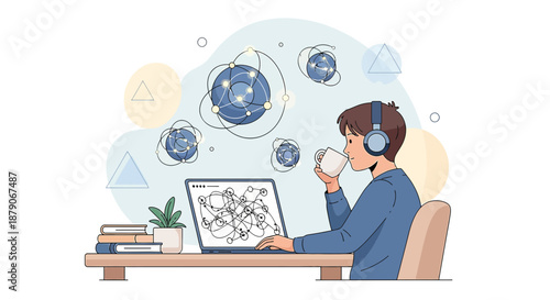 Illustration of a young man working remotely with a laptop surrounded by global network data