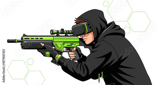 Immersive experience virtual reality gaming concept with modern assault rifle and futuristic