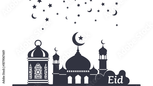 Islamic Eid Mubarak silhouette background with mosque, lantern, and starry night sky.
