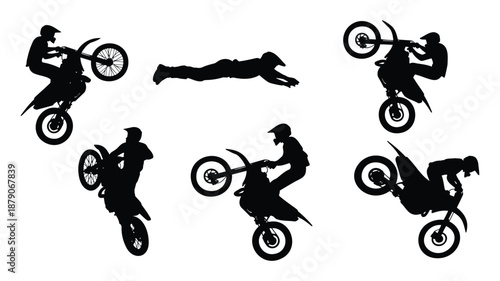 Motorcycle stunts and tricks on white background