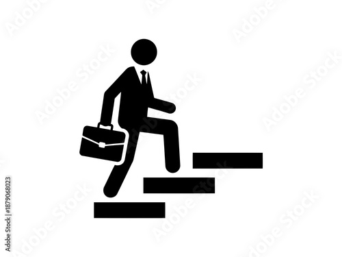 A black silhouette of a businessman climbing up the career steps with a briefcase