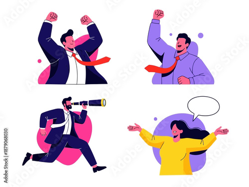 A colorful illustration of business people in various celebratory and dynamic poses
