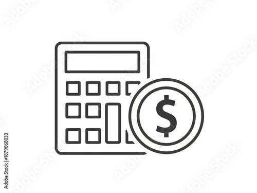 Black line icon of a calculator with a dollar coin on the side for finance and accounting purposes
