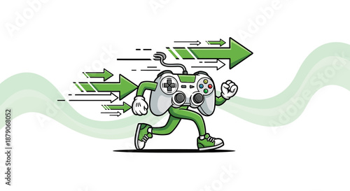 Joystick sprinter, a spirited controller running forward with directional arrows accentuating