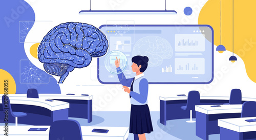 Interactive neuroscience education in a modern classroom setting featuring advanced technology