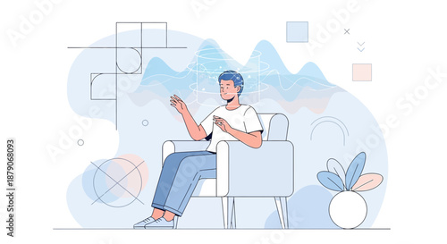 Man interacting with a holographic interface in a modern home augmented reality scenario