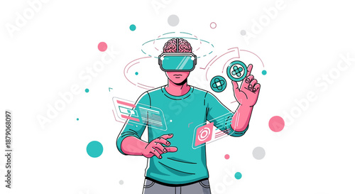 Man immersed in virtual reality interacting with futuristic holographic interface elements