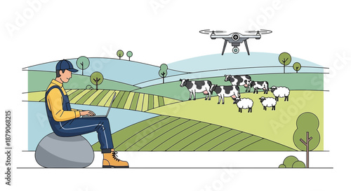 Modern agriculture: Farmer using drone for livestock monitoring in a digital farmland landscape