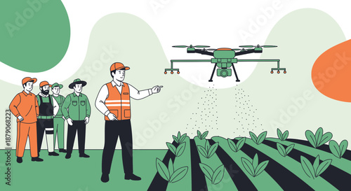 Modern agriculture showing farmers overseeing a drone applying treatment to crops for enhanced