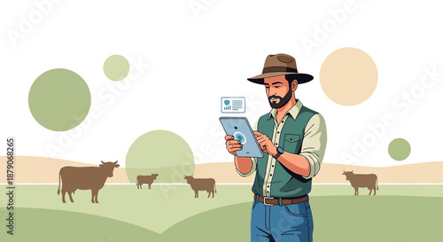 Modern farmer uses tablet to manage livestock on a serene farm landscape setting displaying