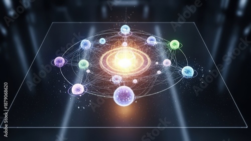 A vibrant digital illustration of a glowing atomic structure in space