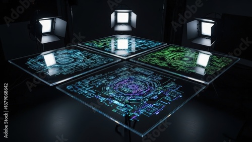 A futuristic table with four glowing screens and bright lights in a dark room