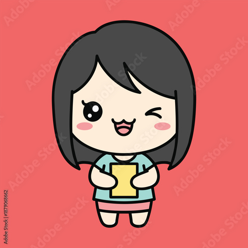 Cartoon girl with black hair holding a yellow book against a red background