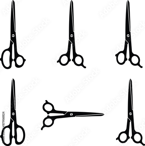 Six black scissor silhouettes vector illustration in minimalist style isolated on white background for barber shop and hairdressing salon designs.