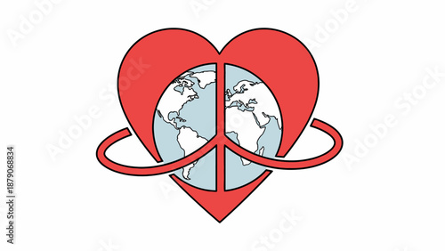 World peace and love concept with heart and globe symbol.