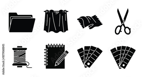 A collection of sewing and office supplies icons on a white background